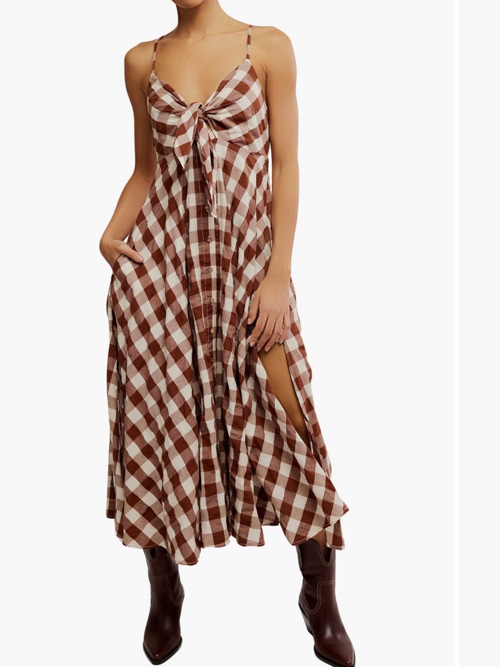 Free People Via Brown & White Gingham Tie-Front Midi Dress